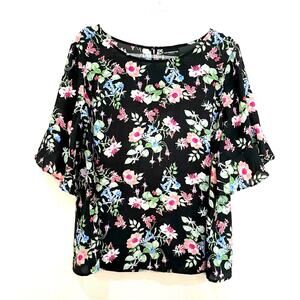 Liz Claiborne Career Black w/ Pastel Floral Print Ruffle Sleeve Blouse Top - XXL